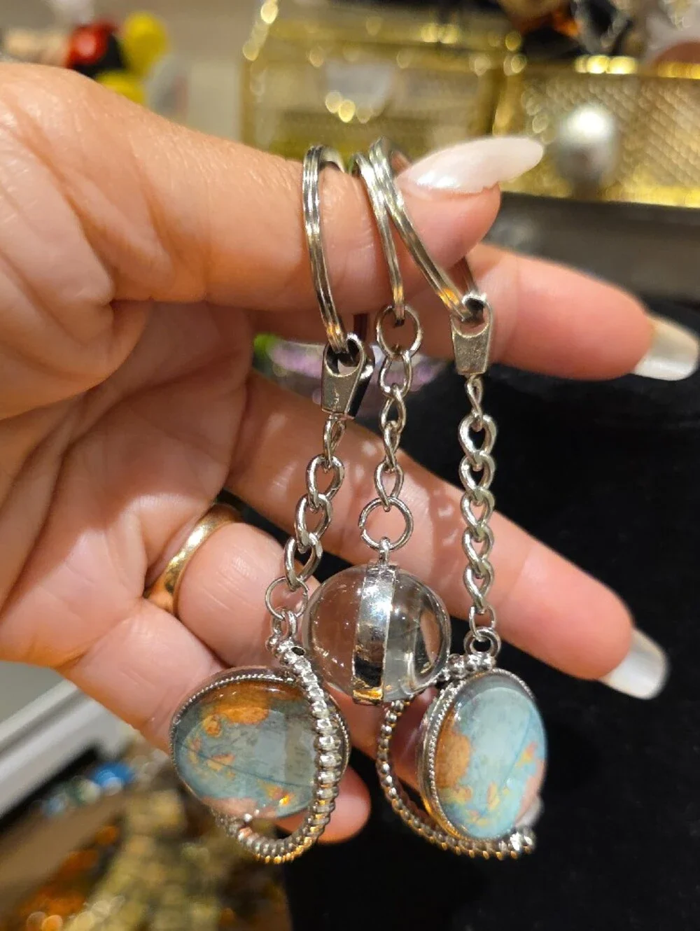Source Unknown Silver Keychain with Iridescent Multicolor Pendant